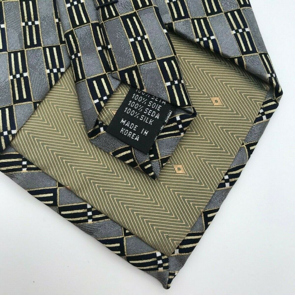 Bergamo Luxury Designer Abstract Gray Black Long Necktie - 100% Silk Tie 58 inch - Picture 6 of 6